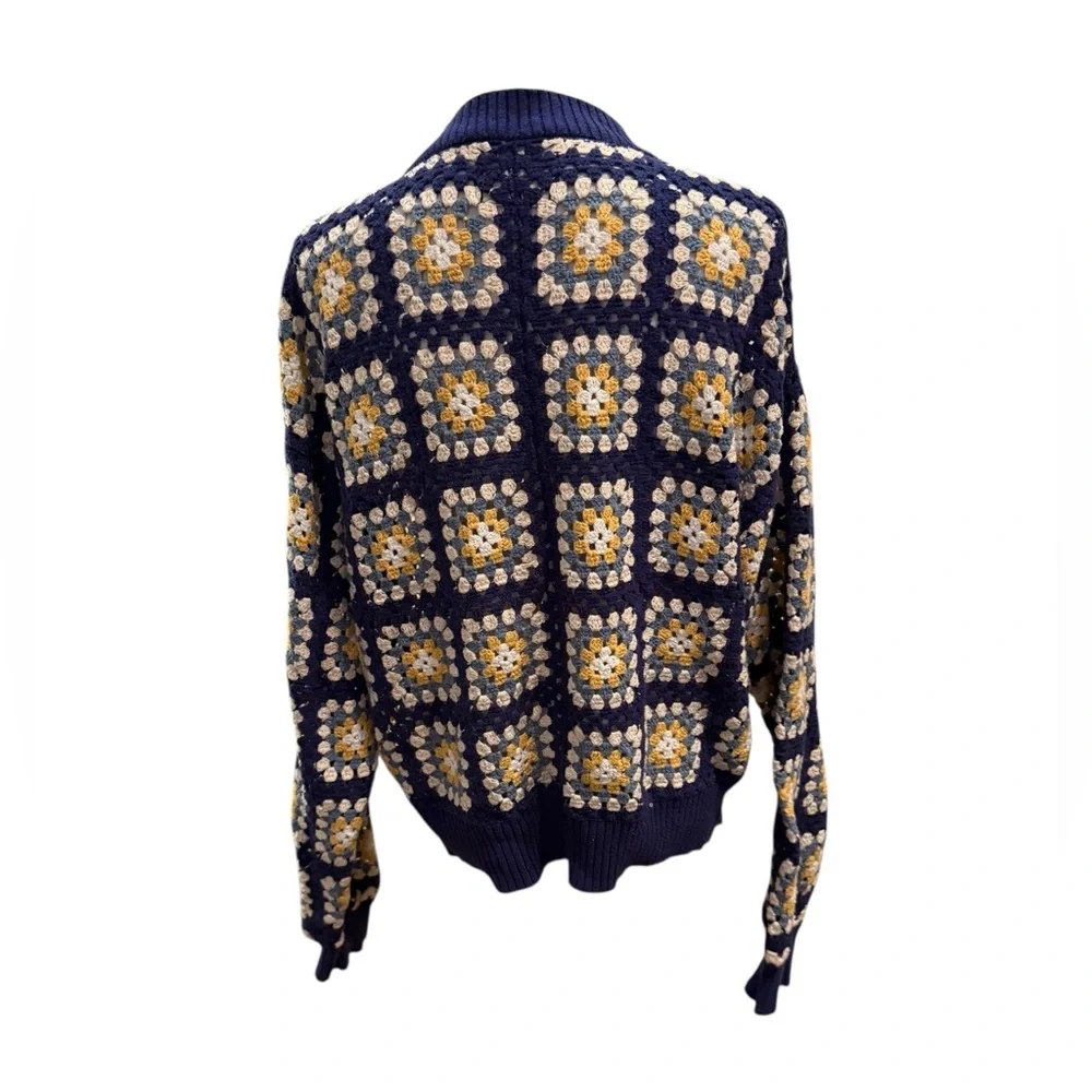 PacSun Estate Cardigan Crochet Granny Square V-Neck Button Down Sweater Navy - Picture 7 of 13